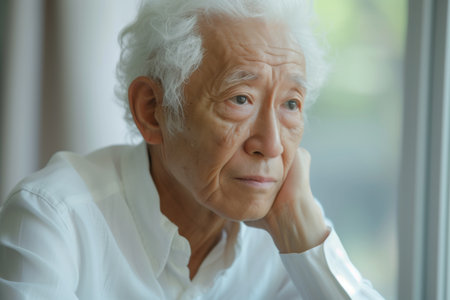 Reflective elderly Asian man at homeの素材