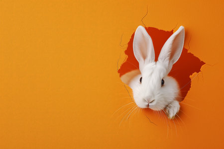 A rabbit peaking from a hole in an orange backdropの素材