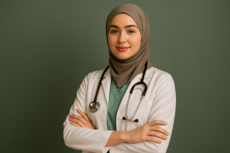 Confident Malay Muslim doctor in hijab with stethoscope and lab coatの素材