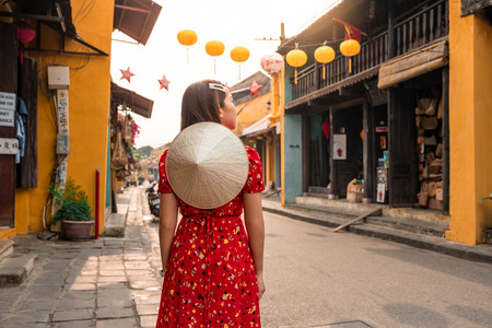 Travel woman at Streets of Hoi An, Vietnamのeditorial素材