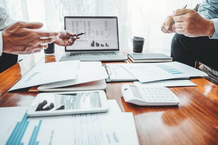 Business team meeting Strategy Planning with new startup project plan Finance and Economy Graph with...
