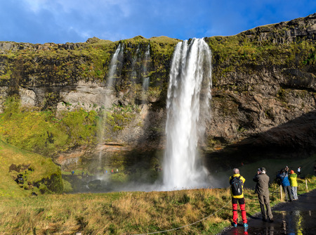 Seljalandsfoss Waterfall, a major tourist attraction,  located on the southern coast of Iceland.のeditorial素材