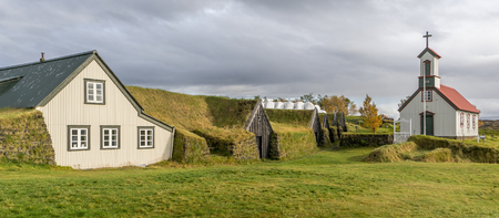 The historic Keldur Turf homes located in the southern region of Icelandの写真素材