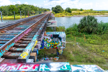 The tracks over Graffitti Bridge, Pensacola Floridaの写真素材
