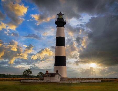 Fresnel lens lighthouse on the Outer Banks of North Carolinaの写真素材