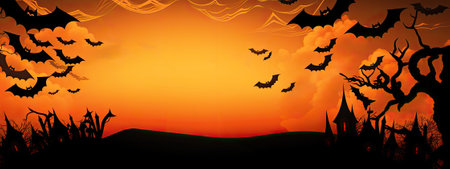 Halloween background with castle, bats and trees. Vector illustration.illustration.Horizontal background for social media.の写真素材