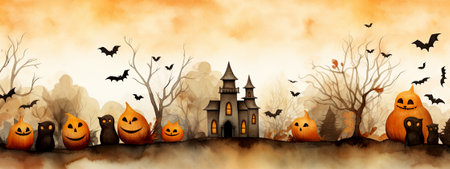 Halloween background with castle, cemetery and pumpkins. Watercolor illustration.illustration.Horizontal background for social media.の写真素材