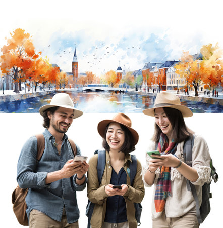 An image of happy tourists traveling in Hokkaido, Japan. Beautiful autumn scenery in Sapporo.Generative AIの素材
