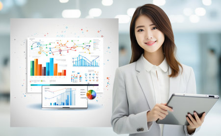 An Asian working man uses a tablet PC with financial graphs and analysis data displayed on the screen.Generative AIの素材