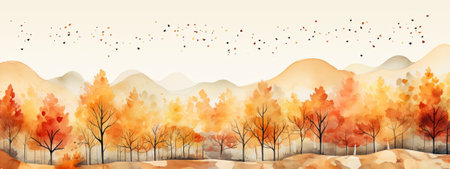 Autumn forest landscape background. Watercolor hand drawn Watercolor 
 illustration.For wide backgrounds for websites. Generative AI.の素材