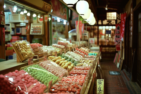 A nostalgic street from the Showa era in Japan. A candy store and miscellaneous goods store in the downtown area. Photo in old color image style.の素材