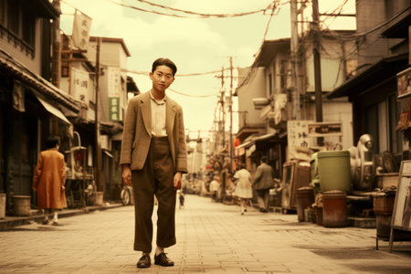 Portrait of young Asian businessman walking on the street in Bangkok, Thailandの素材