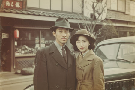 Nostalgic photos from the Showa era in Japan. A photo of my father and mother dating when they were younger. Photo in old color image style.の素材