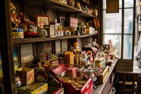 A nostalgic street from the Showa era in Japan. A candy store and miscellaneous goods store in the downtown area. Photo in old color image style.の素材