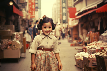 Little asian girl on the street in Beijing, China, vintage toneの素材