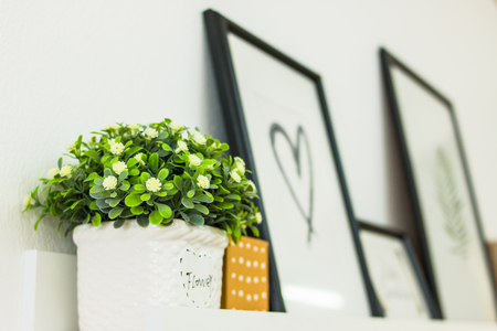 Flower on shelves with Heart shaped photo frame.の写真素材