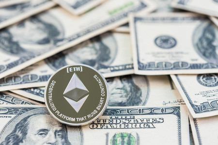 Silver Ethereum on one hundred dollar banknotes. Mining Concept, Electronic money exchange concept,...