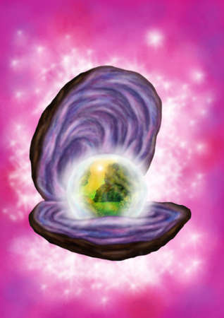a mysterious pearl showing a nature landscape in an oysterの写真素材