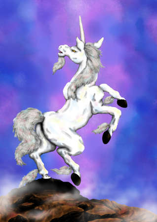 A white unicorn standing on a rockの写真素材