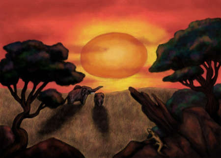 Two African elephants in a beautiful landscape while sunsetの写真素材