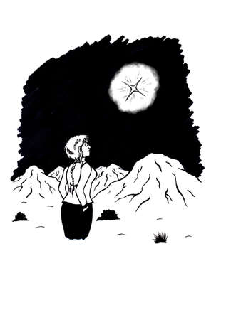 an abstract cartoon illustration of a young woman gazing upon the night sky and watching a shining starの写真素材