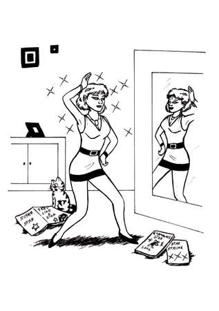 an abstract cartoon illustration of an attractive young woman wearing a mini dress, standing in front of a mirror and trying to feel like being a celebrity while her cat looks surprised at a celebrity magazine Which the woman used as inspiration toの写真素材