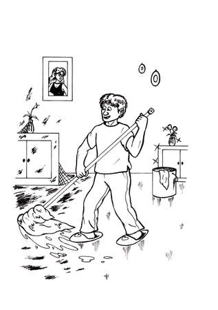 an abstract cartoon illustration of a young man cleaning his house and feeling happy while an image of his girlfriend hangs on the wall, the girl looks at him and smilesの写真素材
