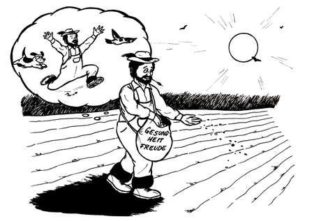 an abstract cartoon illustration of a farmer on the field throwing confidently seeds while imaging of him and his loyal dog running around happily and healthy, on the bag are the words "health" and "Joy" shown in German languageの写真素材