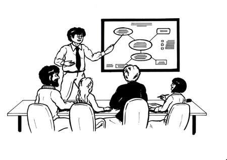 an abstract cartoon illustration of a business man debating with his motivated and interested colleaguesの写真素材