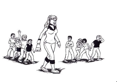 an abstract cartoon illustration, showing an attractive young woman walking with young men and women in backgroundの写真素材