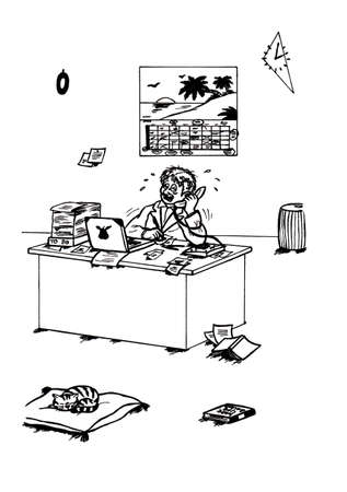 an abstract cartoon illustration, showing a stressed home office worker talking on phone while making notes while his cat lays on a pillow relaxedの写真素材