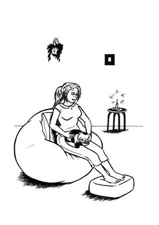 an abstract cartoon illustration, showing a smiling young woman sitting relaxed on a beanbag and holding her cat while the cat feels happyの写真素材
