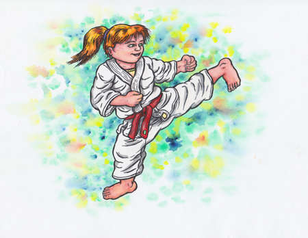 Abstract colorful watercolor cartoon illustration of a young girl wearing a karate suit, smiling happily and doing a kick; The whole image is hand drawn with ink and colored with watercolor and the blurring is intended and a part of it.の写真素材