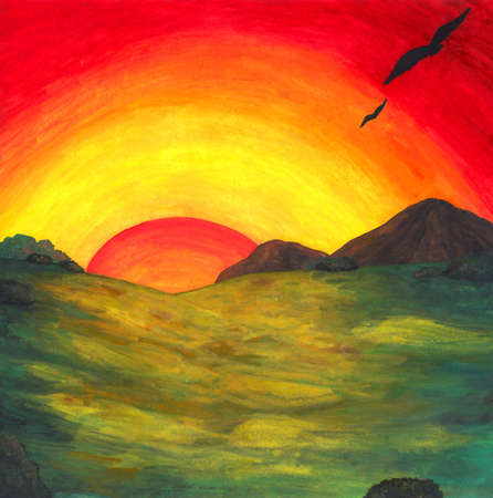 an abstract colorful watercolor painting illustration of a mystic valley while the sun rises. The most important thing about this image is the blurring of the image, the blurring of the imageの写真素材