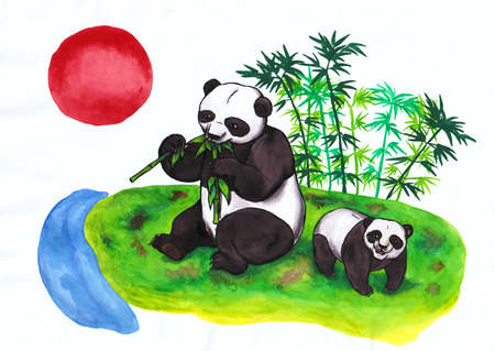 An abstract colorful watercolor painting illustration of a panda sitting in a grass and shining on a white background, shining above a small rivulet. This image is meant to symbolize Chinese, respectively Asian tradition. This image is one of my own created seriesの写真素材