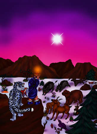 abstract painting illustration of a Christmas tairy tale, where a mother goddess dreams of sending her son and his snow leopard mount on a journey to bring the light of hope into the world.の写真素材