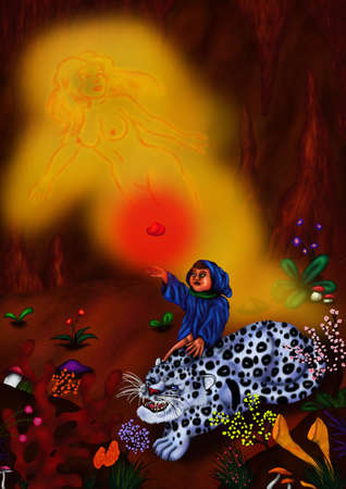 abstract painting illustration of a timeless fairy tale, where the sleeping mother goddess dreams of sending her son and his snow leopard mount on a journey to free the Princess of Light under earth.の写真素材