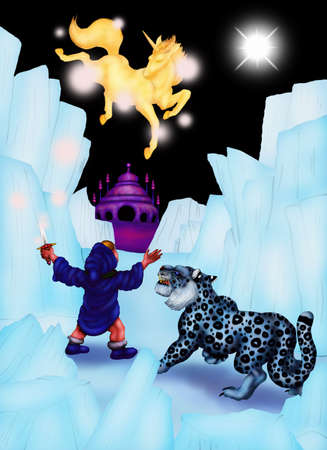 abstract hand drawn pencil colored painting illustration of a unique timeless fairy tale: the son of the dreaming Mother Goddess and his snow leopard mount summon the Unicorn of Freedomの写真素材
