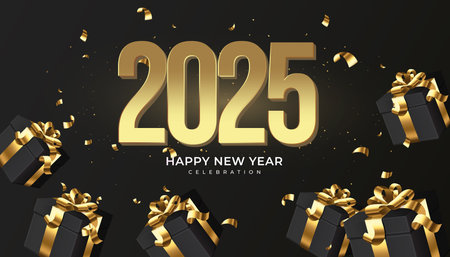 Happy new year 2025. Festive 2025 new year celebration 3D gold numbers. Trendy and modern design