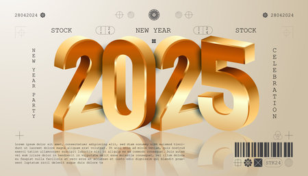 Happy new year 2025. Festive 2025 new year celebration 3D gold numbers. Trendy and modern designのイラスト素材