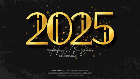 Happy new year 2025. Festive 2025 new year celebration 3D gold numbers. Trendy and modern designのイラスト素材