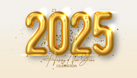 Happy new year 2025. Festive 2025 new year celebration 3D gold numbers. Trendy and modern designのイラスト素材