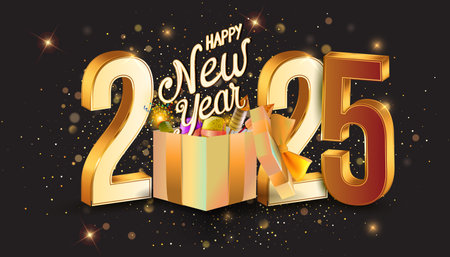 Happy new year 2025. Festive 2025 new year celebration 3D gold numbers. Trendy and modern design