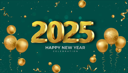 Happy new year 2025. Festive 2025 new year celebration 3D gold numbers. Trendy and modern design