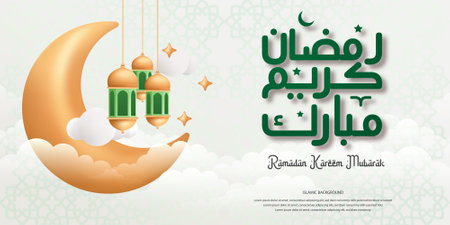 A beautiful Islamic background design featuring a crescent moon hanging lanterns stars and elegant Arabic calligraphy for Ramadan Kareem Mubarak Perfect for greeting cards or online bannersのイラスト素材