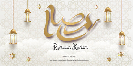 A sophisticated Ramadan Kareem background features elegant golden Arabic calligraphy ornate lanterns and a delicate geometric pattern Perfect for invitations cards or digital media  The design evokes a feeling of peace and celebrationのイラスト素材