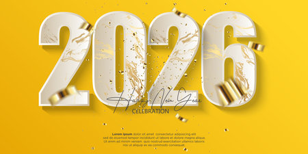 A stylish 2026 New Year's design featuring elegant white marble numbers on a vibrant yellow...