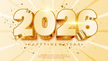 A luxurious 3D rendering of 2026 Happy New Year in gleaming gold set against a radiant background...