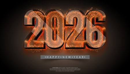 A stunning 3D render of the year 2026 featuring a glowing orange and black design Perfect for New Year's greetings cards or festive backgrounds  The abstract style adds a modern and elegant touchのイラスト素材