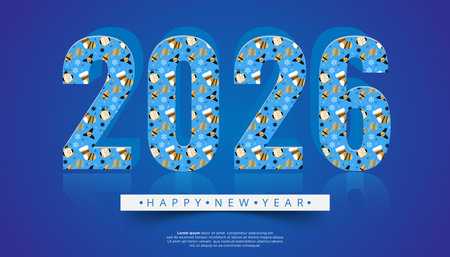 Three dimensional numbers 2026 decorated with a festive pattern of Christmas stockings bells and snowflakes on a blue gradient backgroundのイラスト素材